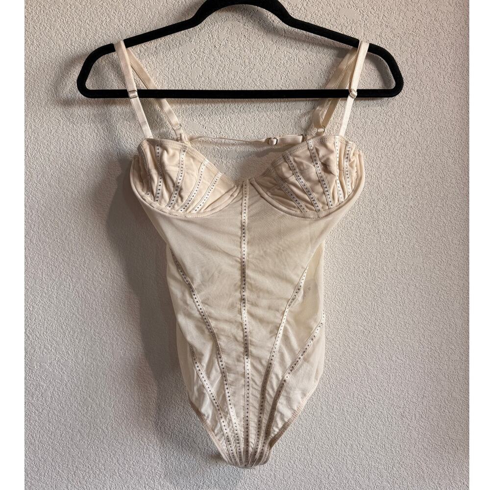 OW Collection Beige Rhinestone Corset Bodysuit Top - Medium